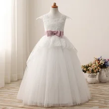 2021 Princess Beige Flower Girls Dress Ball Gown Lace Pink Sash Floor Length Square Neck Junior Wedding Party Dresses