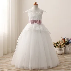 2021 Princess Beige Flower Girls Dress Ball Gown Lace Pink Sash Floor Length Square Neck Junior Wedding Party Dresses