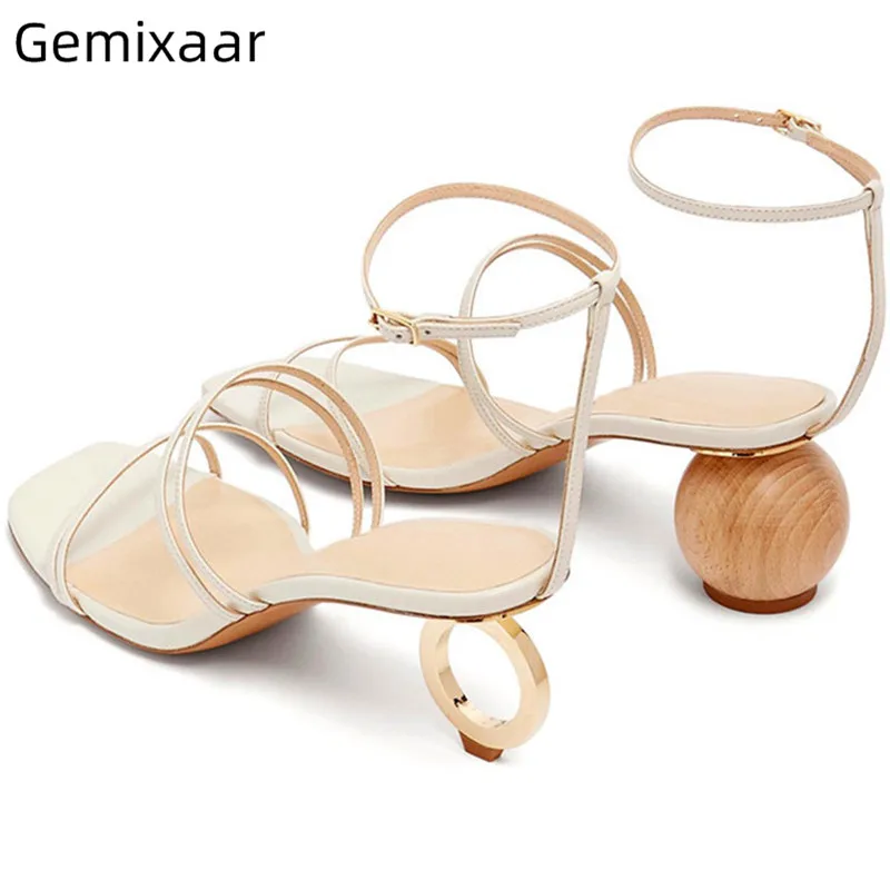 

Summer Hot Sexy Narrow Band Sandals Woman Square Toe Comfy Insole Ladies Sandalias Assymmetry Metal Heel Novelty Woman Sandals