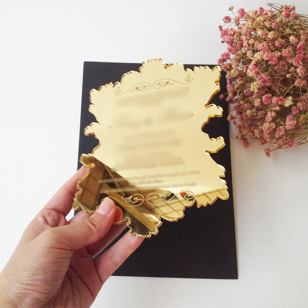 

40pieces Per Lot 5*7inch Vintage Leaf Shaped Golden Mirror Acrylic Wedding Invitation Card SHIP TO USA ONLY