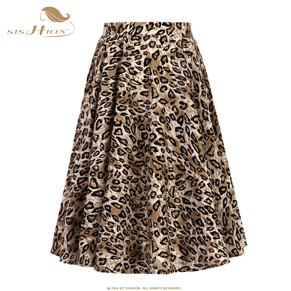 Leopard SISHION, осенние женские юбки с высокой талией, хлопковые, в горошек, с цветочным рисунком, Свинг, на булавке, 50 s, Ретро стиль, винтажная юбка, jupe femme SP0677 - Цвет: Leopard
