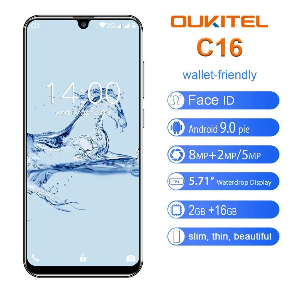 OUKITEL C16, 5,71 дюйма, HD+ 19:9, капля воды, Android 9,0, смартфон, отпечаток пальца, MT6580P, 2 Гб ram, 16 ГБ rom, 2600 мАч, Разблокировка мобильного телефона