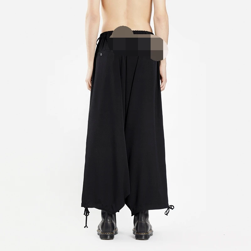 Men's Culottes Casual Pants Wide Leg Pants Spring And Autumn New Black Elastic Waist Fashion Pants Leg Drawstring Straight Pants