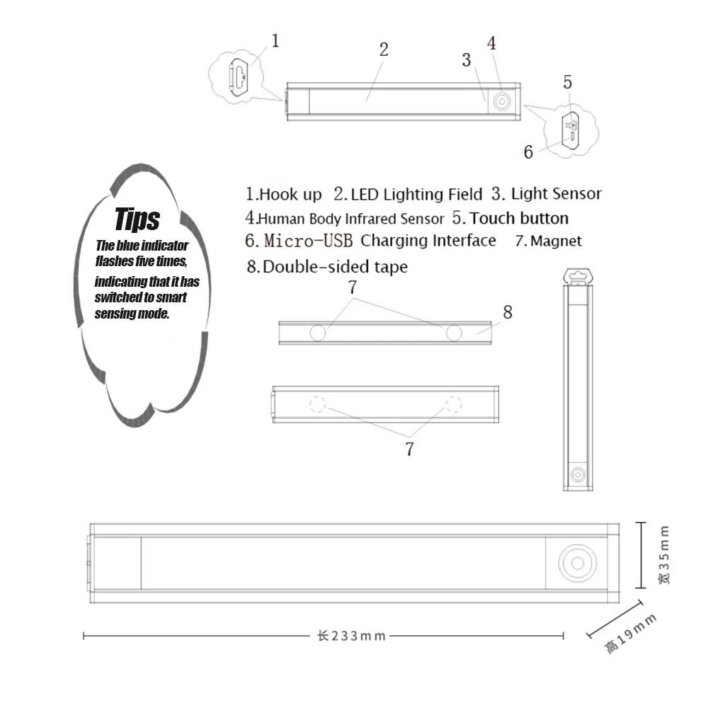 LED Human Body Infrared Sensor Light Supports USB Charging, 3 Modes Switch High Power 1000 mhA for Cabinet / Wardrobe / Porch