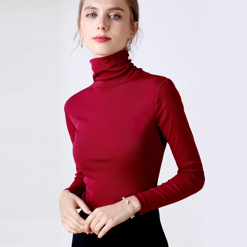Turtleneck Blouse 2025 Women Basic Knitted Fashion Tops Long Sleeve Women Casual Blusa Femme Slim Ladies Red Blue