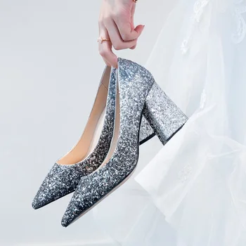 

Sequined Cloth Spring/Autumn High Heels Womens Shoes Pointed Toe Slip-on Wedding Shoes Woman Pumps Square Heels Bridal Shoes