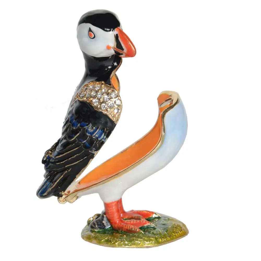 Puffin Bird Trinket Jewelry Earring Ring Box, Gold Plated Metal Collectible Figurines, Novelty Gifts