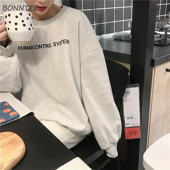 

Hoodies Women O-Neck Letter Printed Winter Thicker Plus Velvet Warm Simple All-match Sweatshirts Womens Soft Korean Style Chic