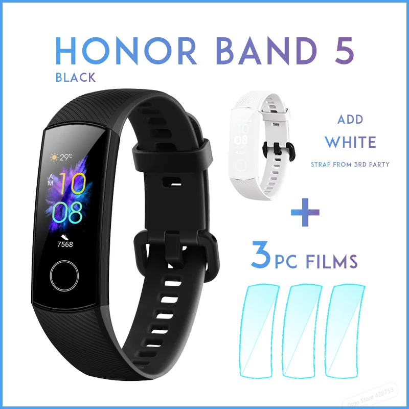Смарт-браслет huawei Honor Band 5 для здоровья, спортивный браслет, цветной сенсорный экран, плавающий ход, Обнаружение сна, пульса - Color: black add WHT strap