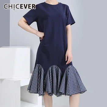

CHICEVER Patchwork Plaid Hit Color Dress Women O Neck Short Sleeve Oversize Loose Irregular Hem Midi Dresses Female 2020 Fashion
