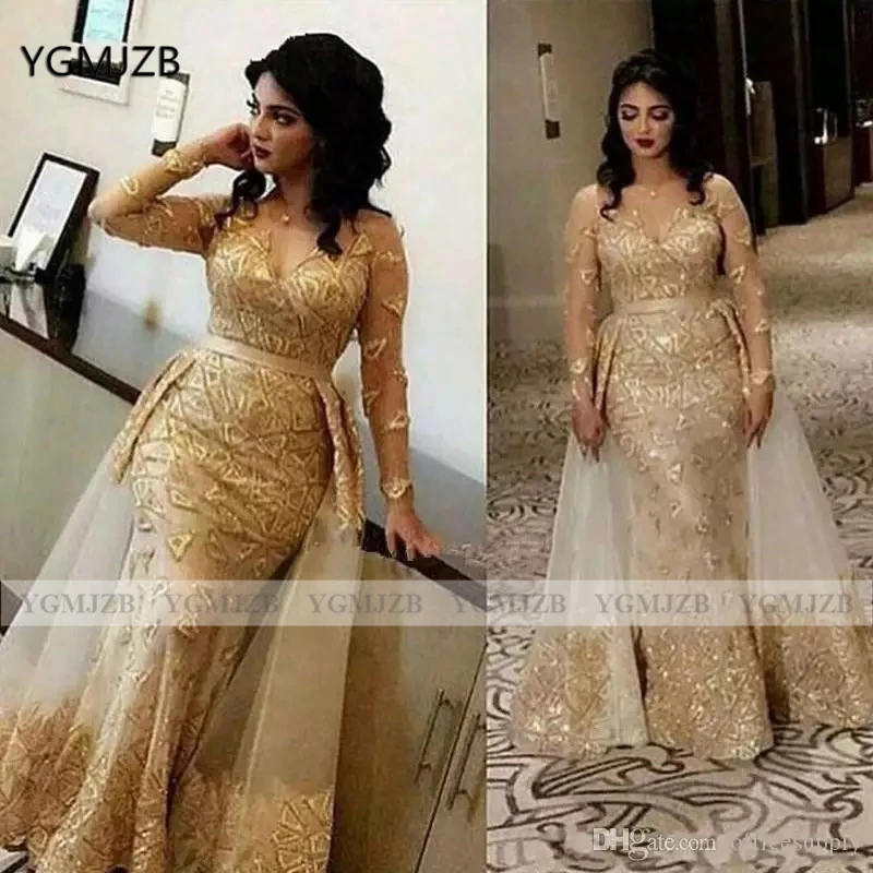 pink ball gown Sequin Evening Dresses Long Sleeves 2021 Plus Size  V Neck Detachable Skirt Arabic Dubai Elegant Formal Dress Prom Gowns long evening gowns