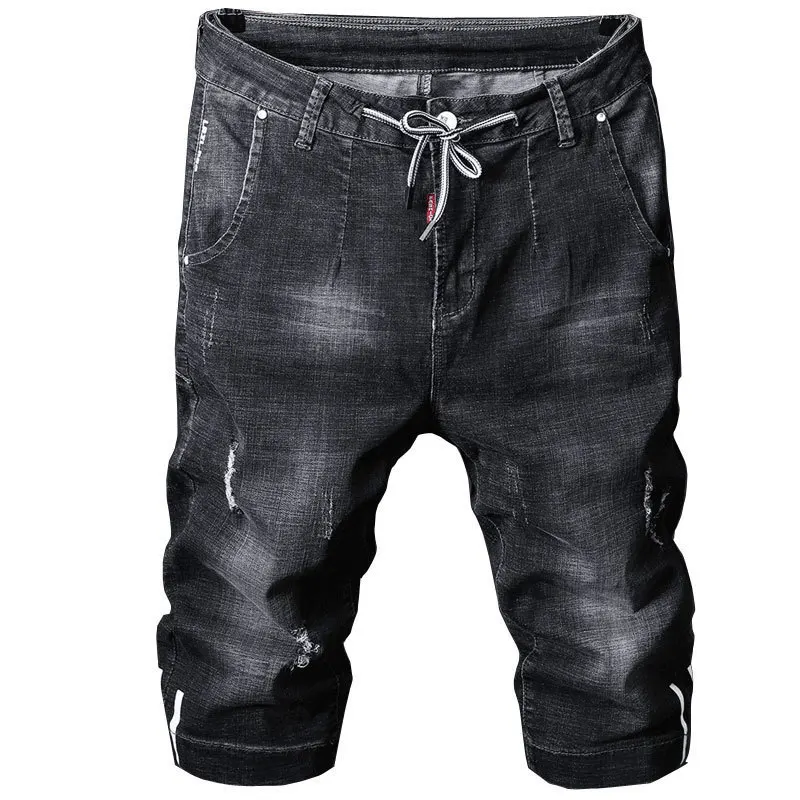 Summer Mens Streetwear Fashion Casual Straight Denim Shorts Loose Ripped Pants Drawstring Breeches Cowboy Cropped Jeans