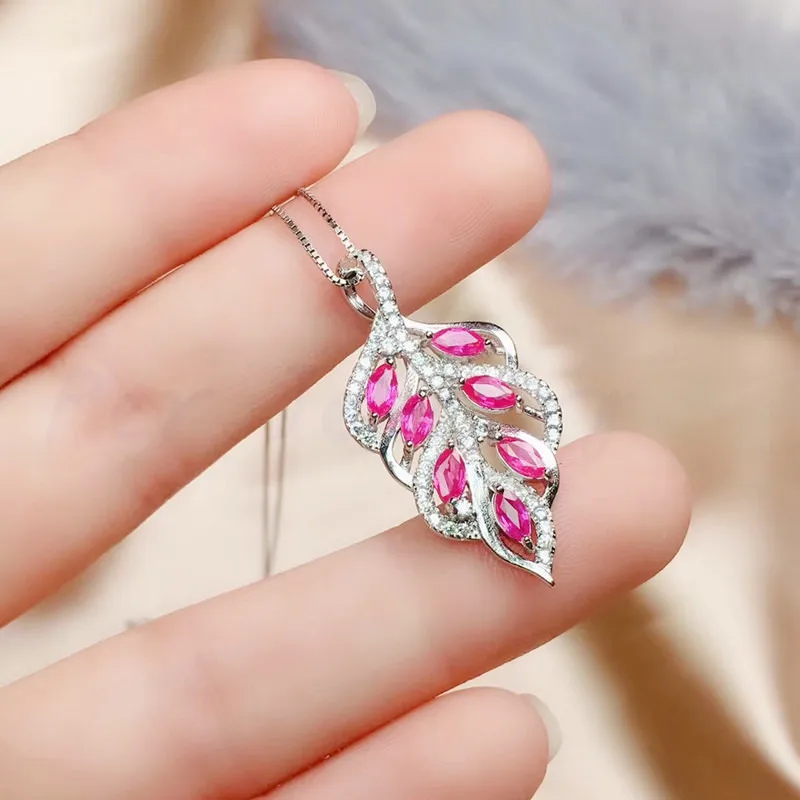 Ожерелье с натуральными Рубиновыми листьями,, серебро 925 пробы, 0.2ct* 7 шт, драгоценный камень# R99504