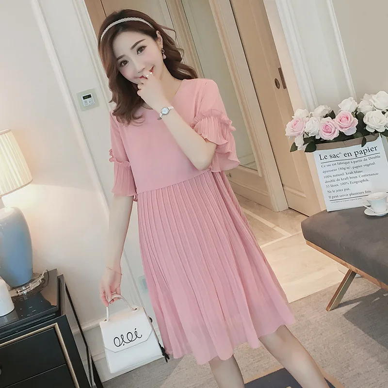 

Maternity Clothes 2018 New Style Summer Tops Chiffon Pleated Skirt Mid-length Dress