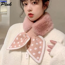  Plush Cross Bib Autumn Winter Windproof Warm Stitching Knitted Wave Point Bowknot Imitation Rabbit Fur Sweet Cute Scarf Women 