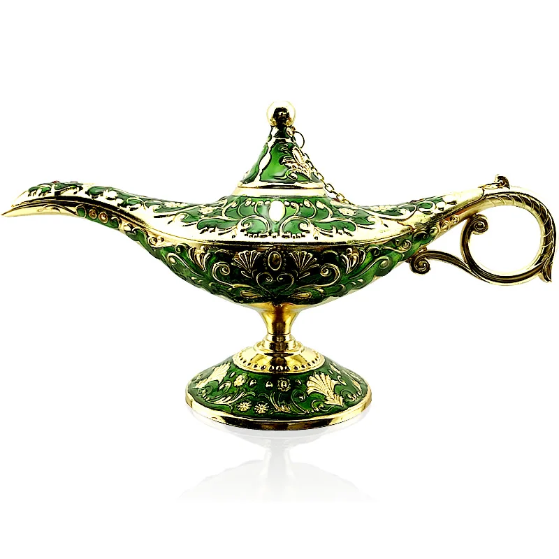 Ornament Crafts Vintage Metal Carved Aladdin Lamp Light Wishing Tea Oil Pot Decoration Figures Saving Collection Arts Craft Gift 22cm