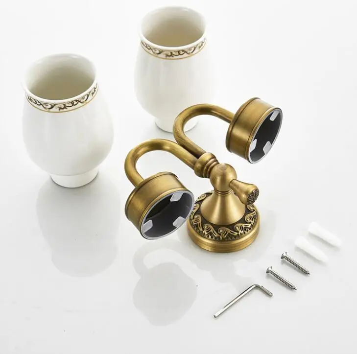 wall mount antique double cup holder Brass+Glass Bathroom Accessories cup Tumbler Holders,Toothbrush Cup Holders F8308