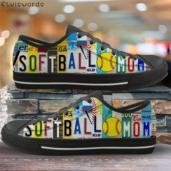 

ELVISWORDS Softball Mom Girl Pattern Vulcanized Shoes Canvas Low Top Flats for Youth Women Outdoor Spring Lightweight Sneakers
