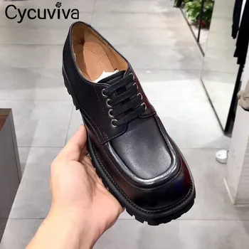 

Hot British Femme thick sole Flat Platform Shoes Women Square toe Cozy Leather Casual Shoes Woman Lace up Loafers ladies Shoes