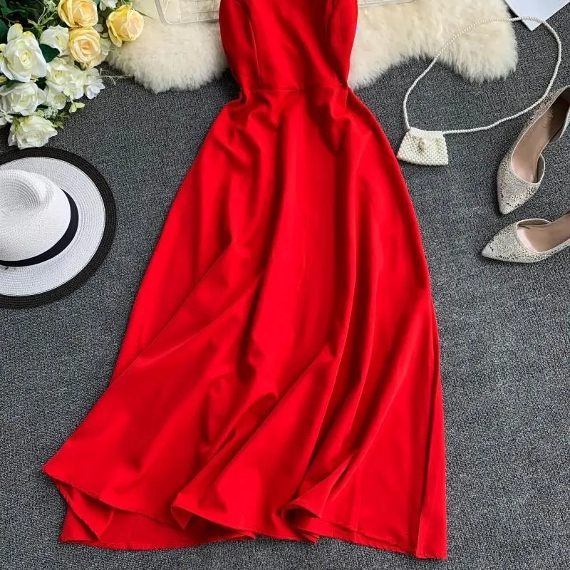 Сексуальное длинное платье на бретельках, женское праздничное сексуальное платье с открытой спиной и открытой спиной, винтажное Однотонное Платье макси с высокой талией Vestidos