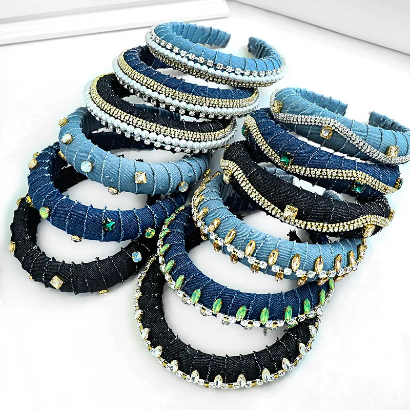 

Denim Big Bow Rhinestone Hairband For Women Diamond Hair Accessories Pearl Headband for Girls Crown Flower Headband Head Wrap