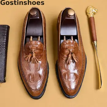 

Black Brown Leather Shoes Men Genuine Cow Leather Crocodile Printed Slip-on Dress Shoes Tassel Decorated Pointed Toe Formal Shoe