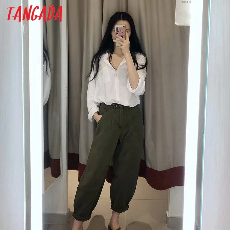 Koop Tangada vrouwen amygreen Chic mom jeans broek vriendje stijl lange broek zakken rits losse casual vrouwelijke denim broek 4M108