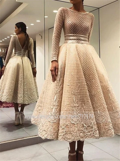 Lace Puffy Prom Dresses Champagne 