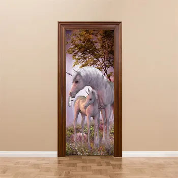 

2PCS/SET Unicorn Door Sticker Vinyl Peel and Stick Wallpaper Removable Poster Home Decor Wood Grain Mural Decals adesivo porta