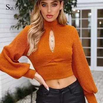 

Sexy Backless Knitting Sweater Women Pullover Bow tie Sweater Women Tops Casual Long Lantern Sleeve Turtleneck Hollow Out Jumper