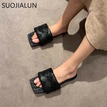 

SUOJIALUN 2020 Newest Women Slides Square Toe Weave Flat Slippers Brand Designer Summer Outdoor Slipper Women Beach Sandals