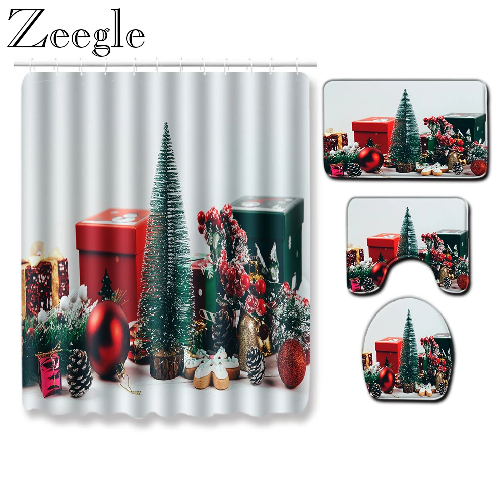 Christmas Bathroom Curtain Waterproof Shower Non-slip Bath Mat Set Absorbent Toilet Pedestal Rug Batnroom Doormat | Дом и сад