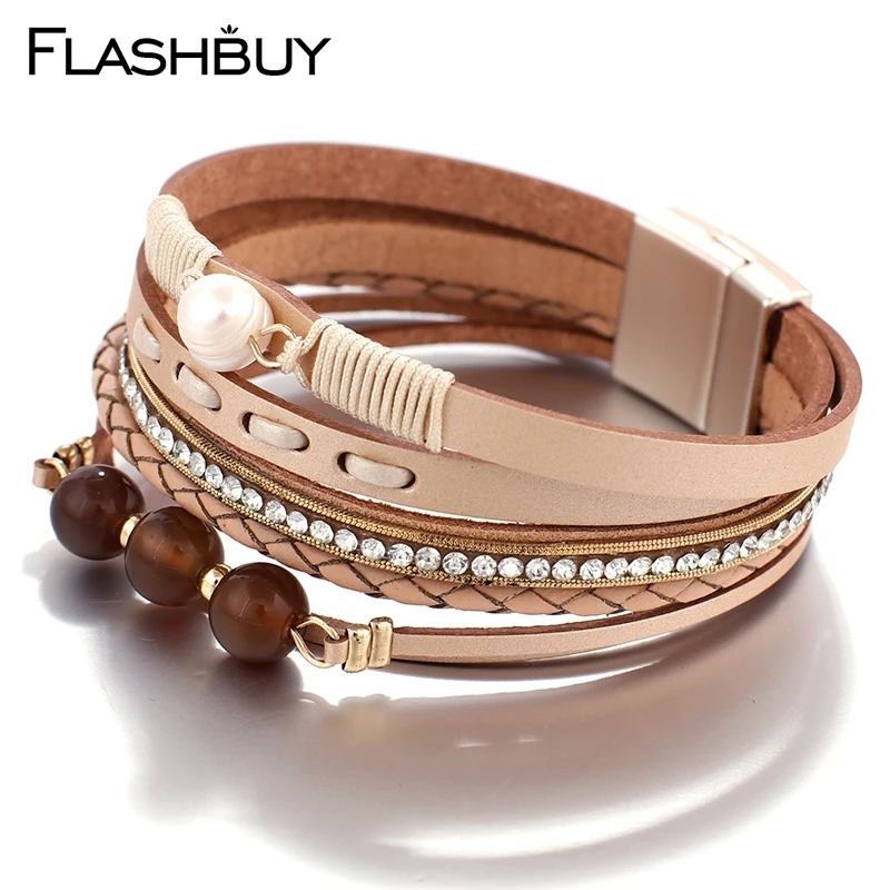 Flashbuy многослойные кожаные браслеты с кристаллами и жемчугом для женщин, модные стразы, металлические магнитные браслеты в стиле бохо, женские браслеты