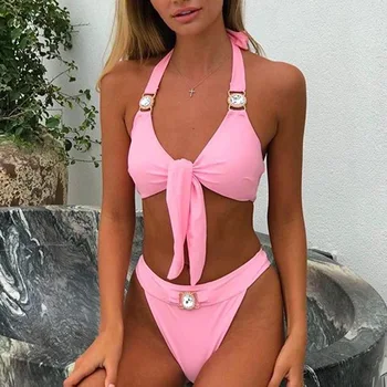 

Swimsuit Women Bikini Diamond Swimsuit Knotted Womens Swimwear Two Piece Bikini High Waist Swiming Suit Women Woman 2020 Black