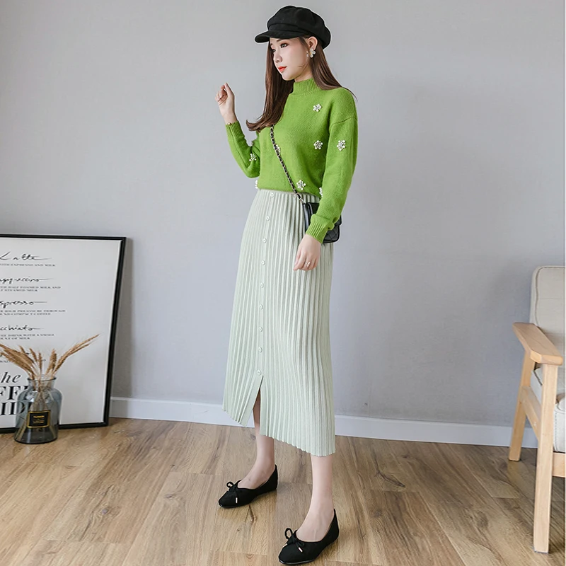 Осень Зима Новая корейская однобортная версия плиссированная вязанная юбка приталенная модная зимняя длинная юбка женская