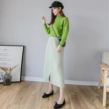 Осень Зима Новая корейская однобортная версия плиссированная вязанная юбка приталенная модная зимняя длинная юбка женская