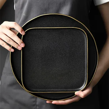 

Matte Anti-scratch Black Gold Inlay Household Hotel Ceramic Tableware High End Porcelain Dinnerware Set Tray Dish Plate