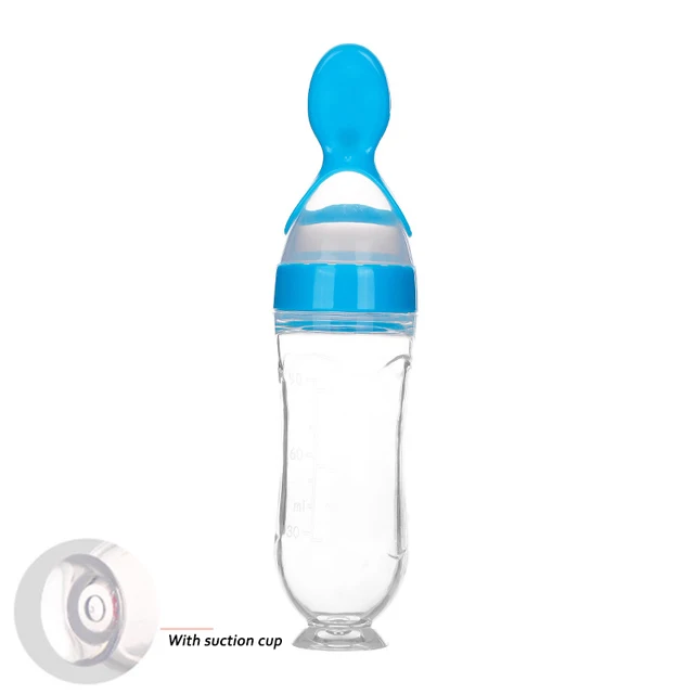 90ML Safe Newborn Baby Feeding Bottle Toddler Silicone Squeeze Feeding Spoon Milk Bottle Baby Training Feeder Food Supplement Blue With suction