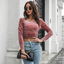 

Women Sexy Long Sleeve Velvet Crop Tops Blouse Slim Fit High Waist Solid Color Square Neck Pleated Shirt Spring Autumn 2022