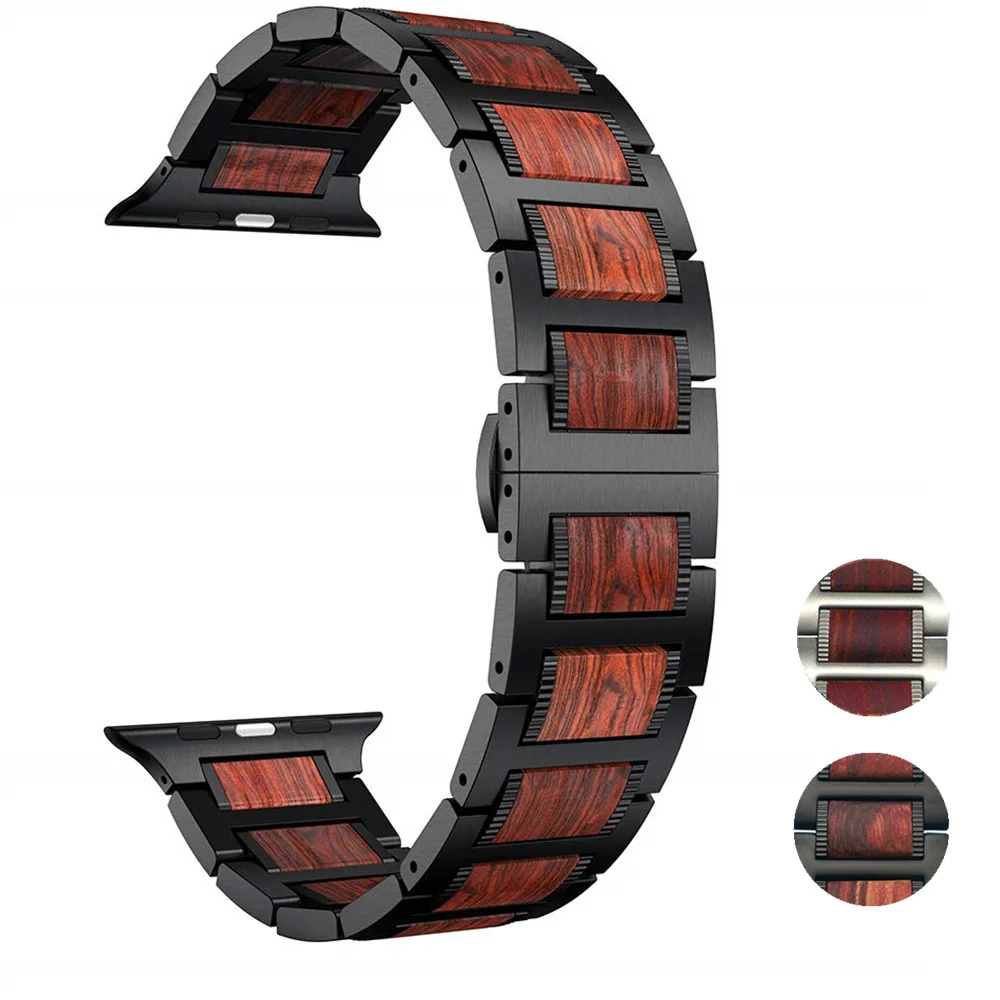 Ремешок деревянный для Apple watch band 45 мм 41 44 40 женский браслет из нержавеющей стали
