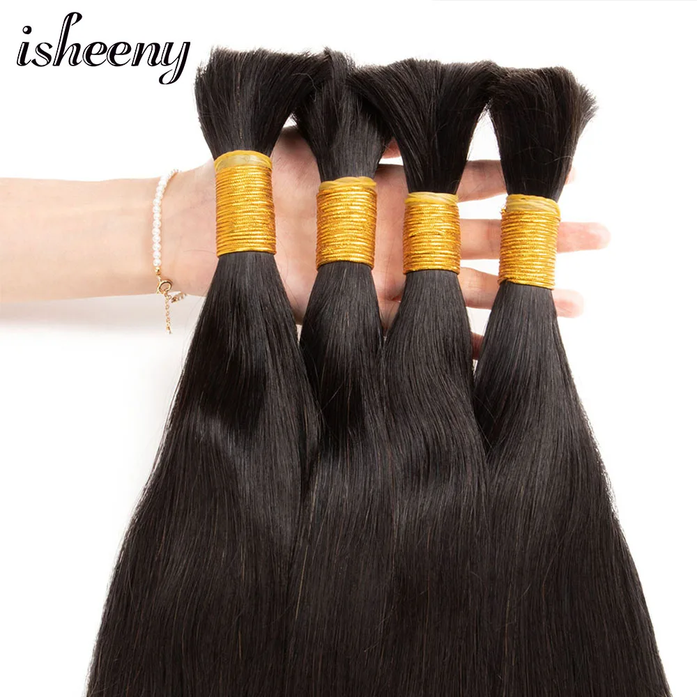 Isheeny Natural Black Human Hair Bulk Bundles 12"-26" No Weft European Remy Human Hair Raw Salon Material Extensions 100g