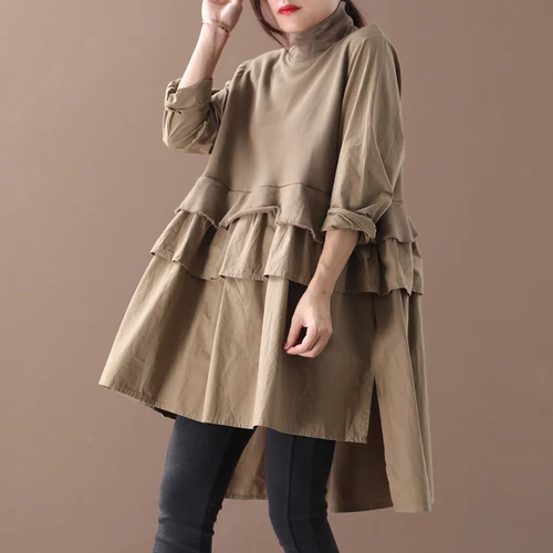 khaki SuperArn водолазка женские футболки Осень новые гофрированные дикие хлопковые повседневные женские футболки однотонные модные женские топы - Цвет: khaki