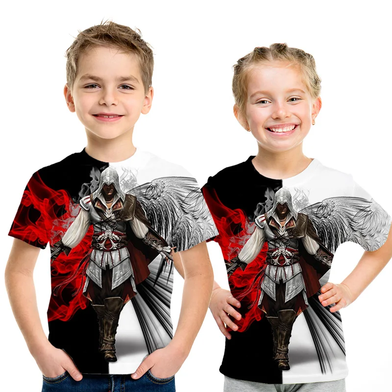 Модная детская черная футболка с 3d принтом assassins creed, Забавные топы для мальчиков и девочек, Повседневная Уличная одежда с мотивами из аниме harajuku, качественная футболка s