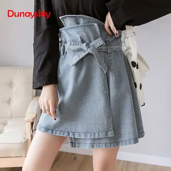 

High Waist One Piece Style Denim Skirts Women With Belt 2020 Black Blue Jeans Skirt Streetwear Lace Up A Line jupe jean femme