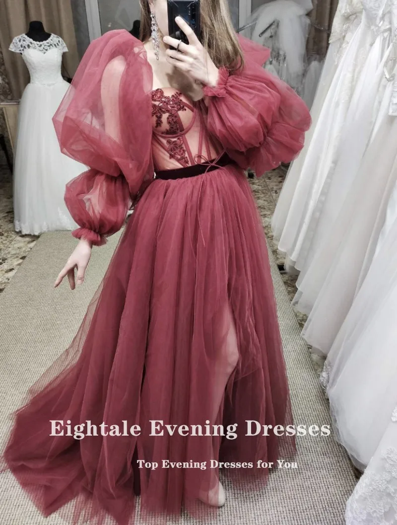 ball gown prom dresses Eightale Burgundy Arabic Prom Dresses 2022 Appliques Long Puffy Sleeves Side Split Tulle Dubai Evening Gown Party Dress prom & dance dresses