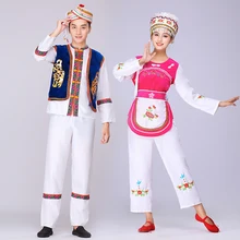 Chinese Folk Dance Costume Bai Dance Clothing Children Performing Service Girl National Dancewear with Headress and Apron