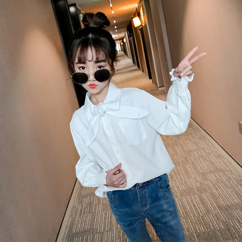 

2020 Spring Childrenswear Korean-style New Style Middle And Large Girls Bow Shirt Children Fashion Elegant Long Sleeve White Shi