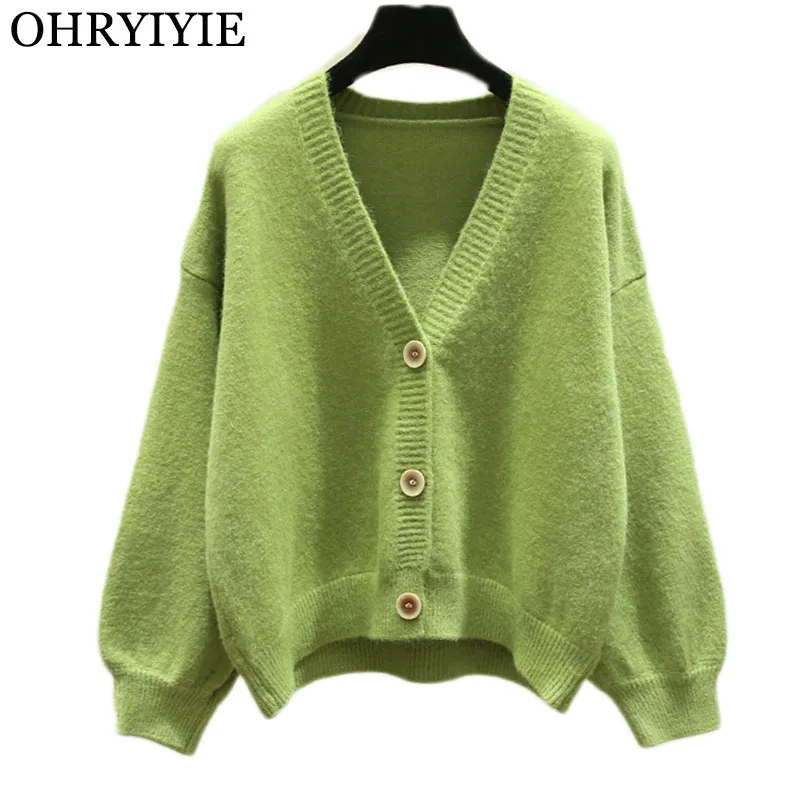 

OHRYIYIE 2020 Autumn New Knit Female Cardigan Loose Casual Knitted Sweater Coat Womens Green Beige Oversize V Neck Cardigans