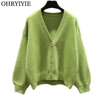 

OHRYIYIE 2020 Autumn New Knit Female Cardigan Loose Casual Knitted Sweater Coat Womens Green Beige Oversize V Neck Cardigans
