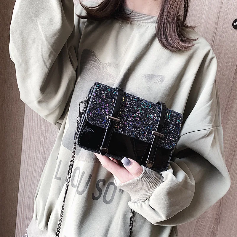

JIULIN Texture sequins small square bag new 2019 net red double belt Korean version of chic slung chain shoulder bag